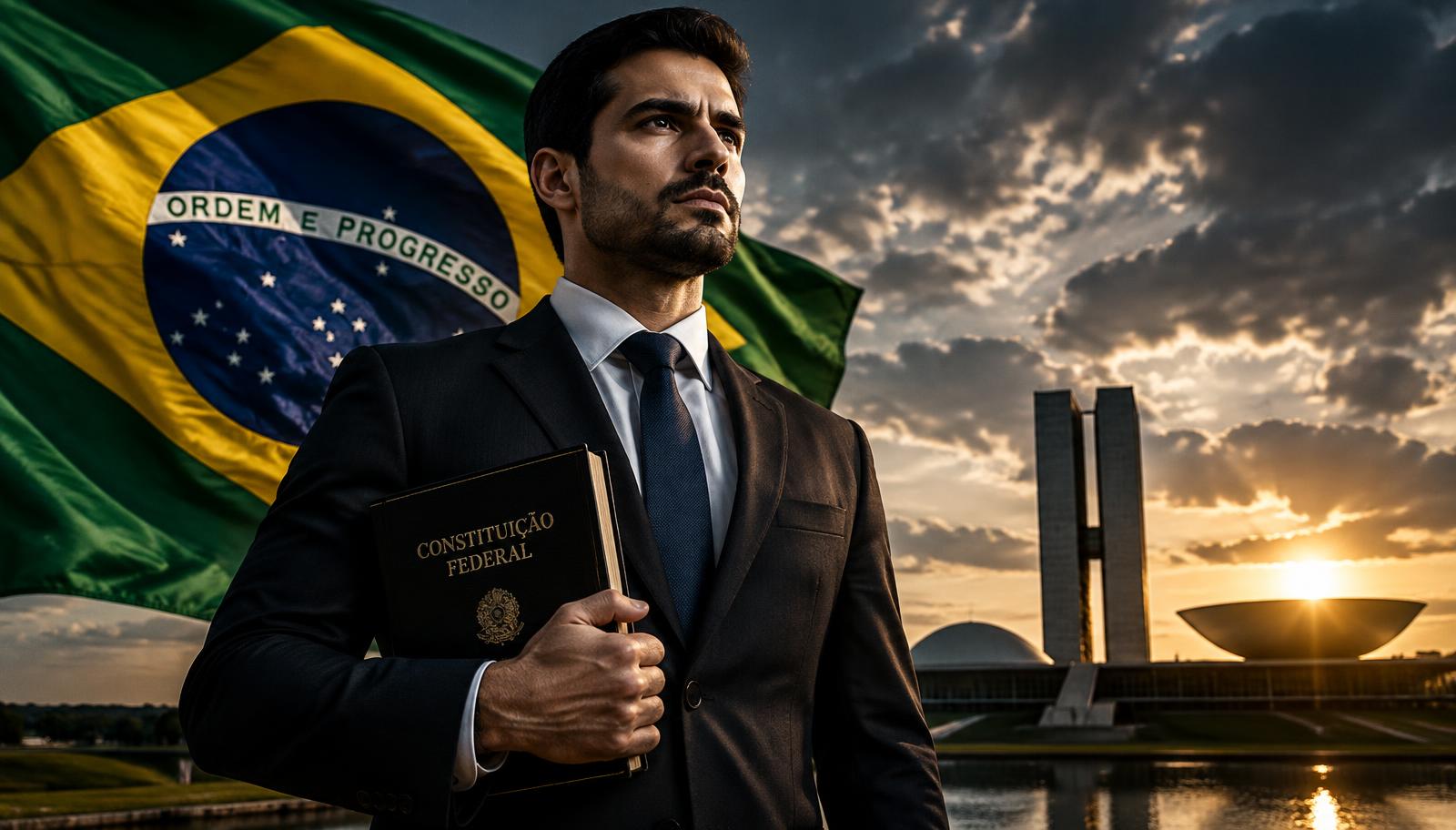 Advogado diante da bandeira do Brasil e do Congresso Nacional — campanha pelo porte de arma para advogados